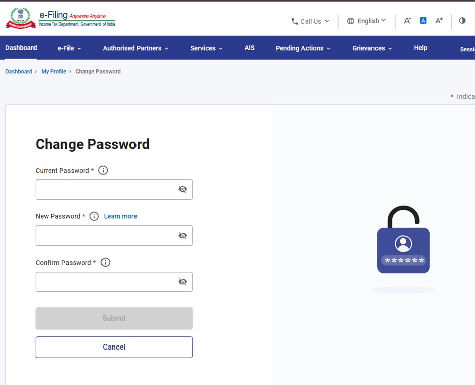 How to Change Password on ITR e-Filing Portal - enter your current password