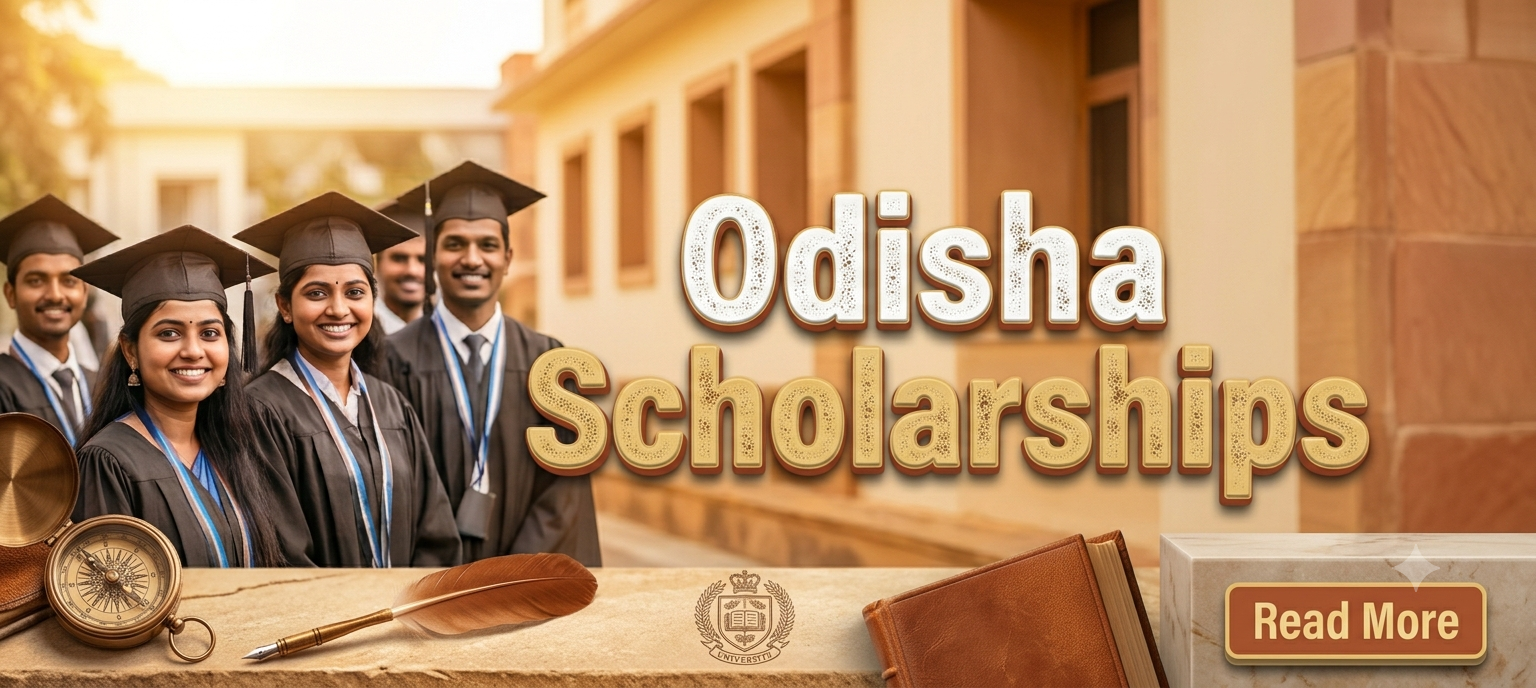 Design a banner image at exactly 767 × 350 pixels with the following specifications. The only text to be displayed on the banner is "Odisha Scholarships" — no additional taglines, subheadings, watermarks, or labels should appear anywhere on the image. This text must be the central focal point of the composition, rendered in a bold, legible, eye-catching typeface that is large enough to dominate the layout and be instantly readable. The text should be vertically centred in the banner, horizontally centred, and use centred text alignment. Use a warm and inviting with gold, cream, and terracotta tones colour scheme that is visually pleasing, high in contrast, and ensures the text stands out clearly against the background. The overall design should follow a real photograph as the background — use an actual high-resolution photo closely related to the theme of the text, with the text overlaid in a legible, contrasting style approach, with the layout balanced and the composition purposeful. Incorporate supporting visual elements such as Add a CTA - read more and a picture of Odisha students smiling wearing scholar cap that are directly relevant to the theme and meaning of the text, used as decorative accents without overlapping the typography. The visual elements should reinforce and reflect the message of the text, making the banner contextually meaningful and SEO-friendly in its visual communication. The final result should feel clean, professional, and ready to publish — with no clutter, no unnecessary complexity, and a clear visual hierarchy centred entirely around the banner text.