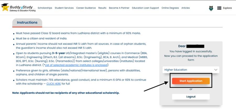 Read the instructions carefully and click on the Start Application button