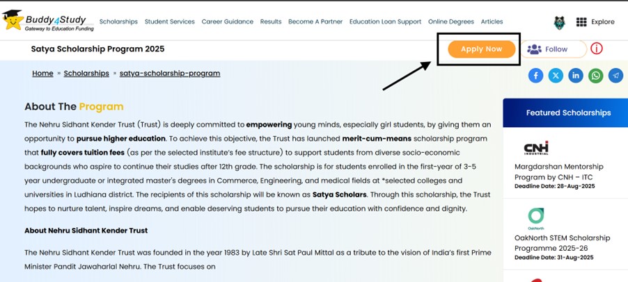 Read the scholarship page carefully and click on the Apply Now button.