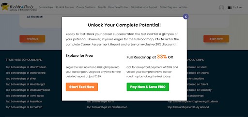 Psychometric Test for Students - Start test now tab