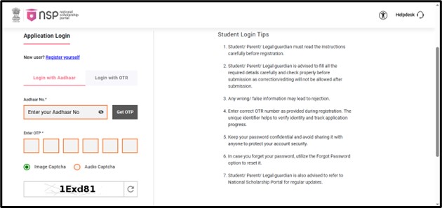 Login either using your Aadhaar No. or OTR no.