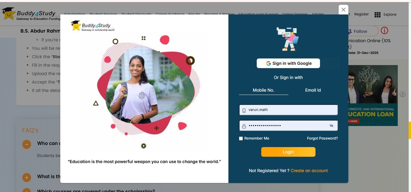 Log in to Buddy4Study with your registered ID