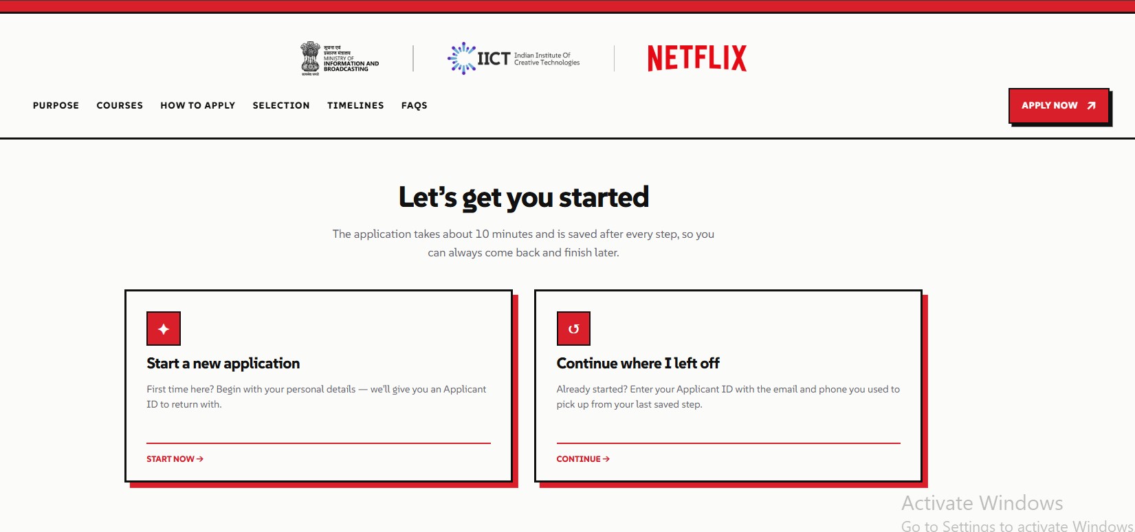 Click Start Now under the Start a new application